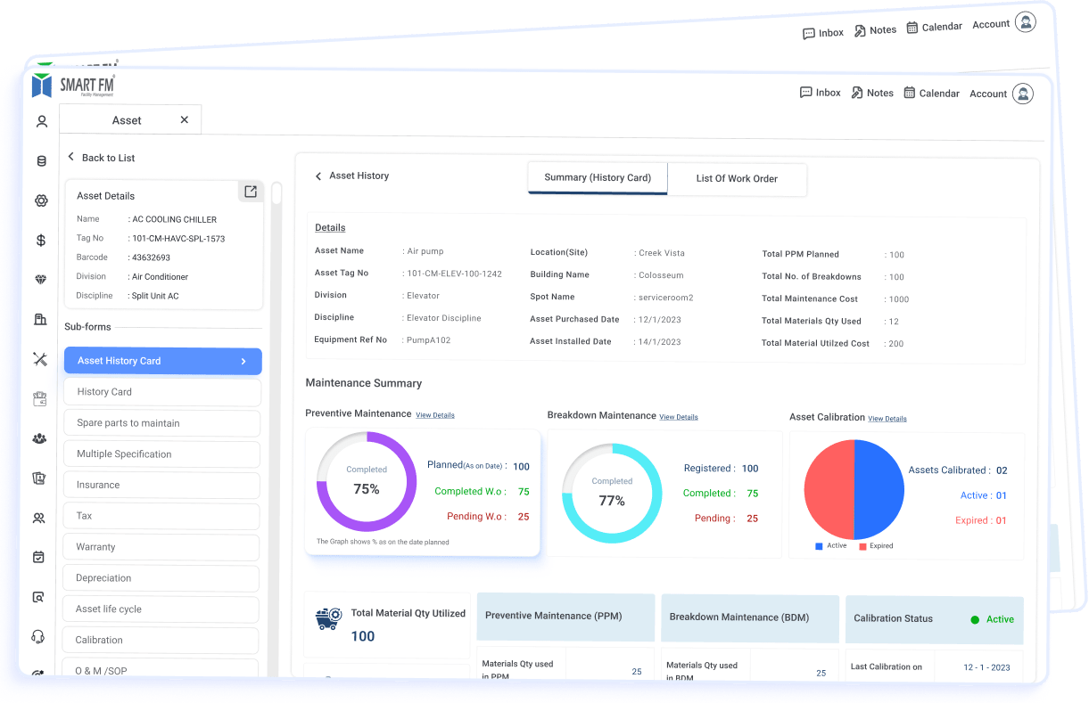 Asset financial management system showing depreciation tracking, warranty and cost analysis