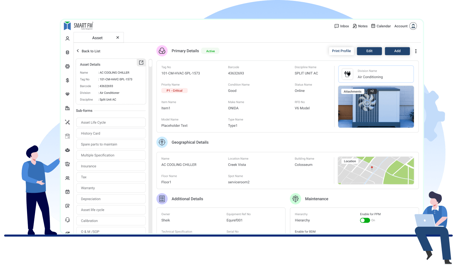 Asset maintenance management system with preventive maintenance scheduling and work order tracking